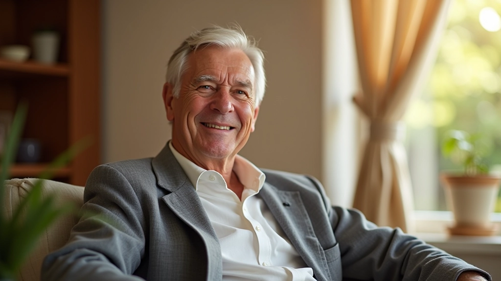 Persona jubilada sonriendo en casa, relajada, después de años de inversión disciplinada en planes de pensiones